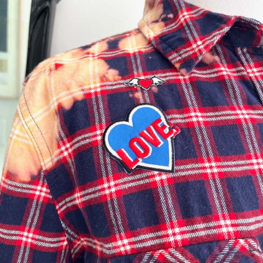 Blue Age Bleached Custom Grunge Flannel with Patches - Picture 3 of 7